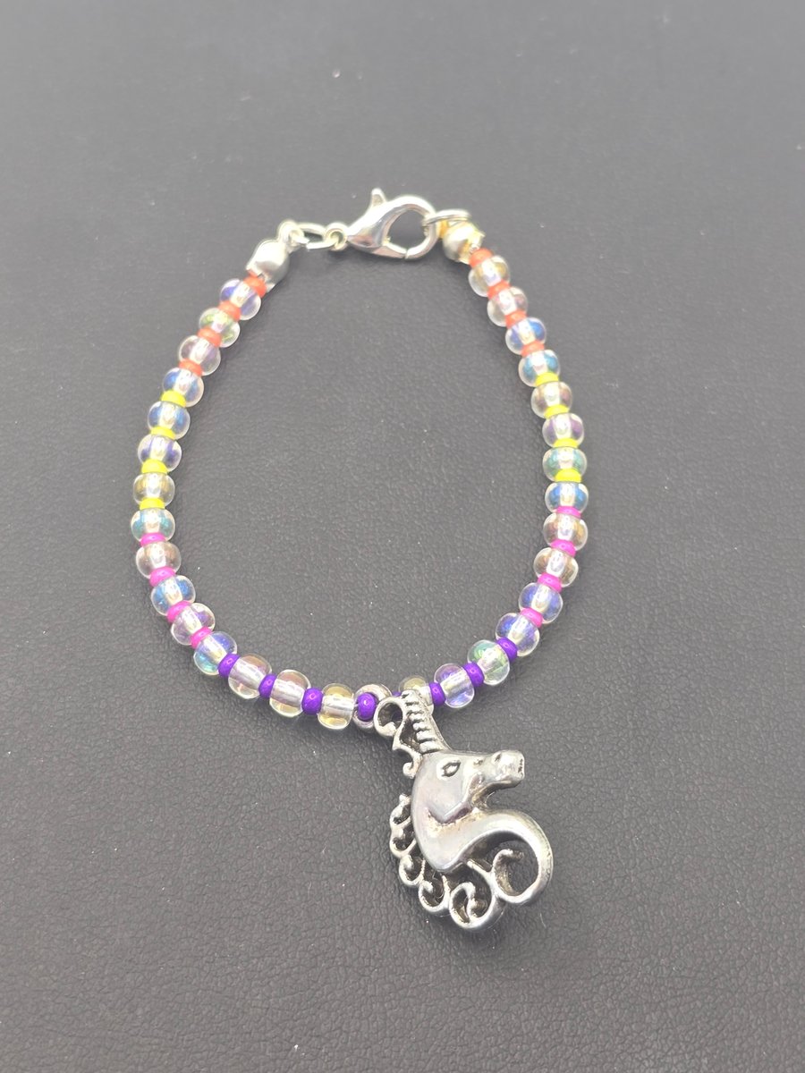 Kids multi colour seed bead bracelet with unicorn charm