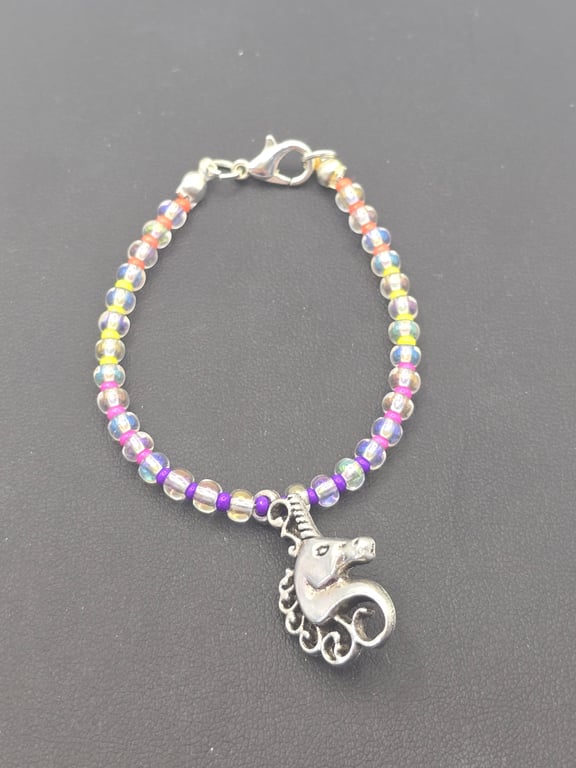Kids multi colour seed bead bracelet with unicorn charm