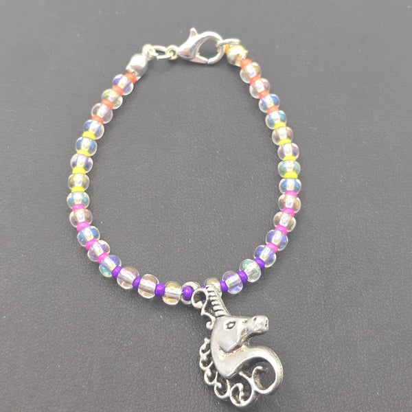 Kids  multi colour seed bead bracelet with unicorn charm