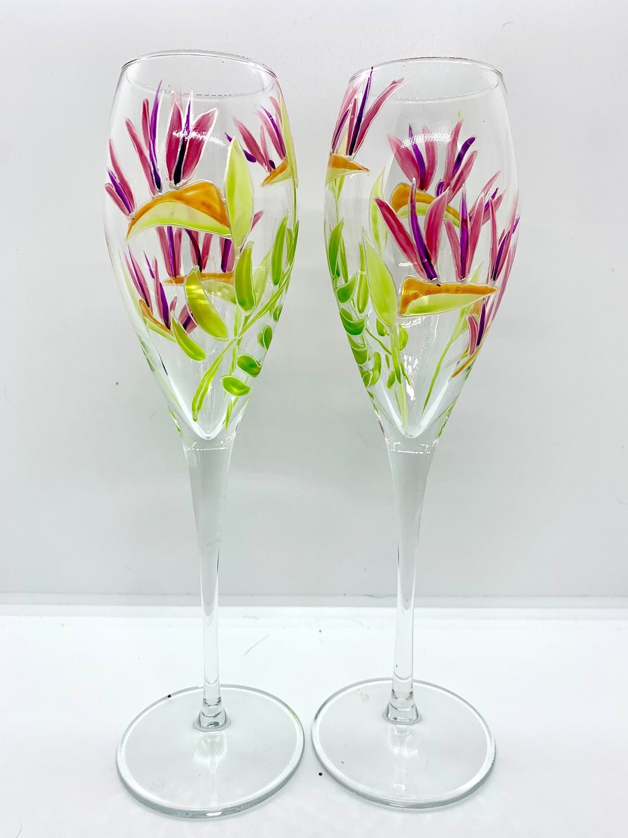 Champagne Flutes Set Bird of Paradise Hand Painted Set of 2
