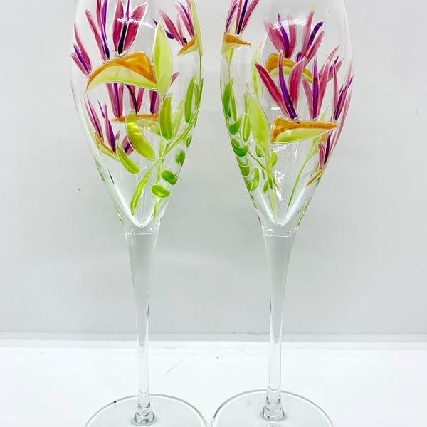 Champagne Flutes Set Bird of Paradise Hand Painted Set of 2