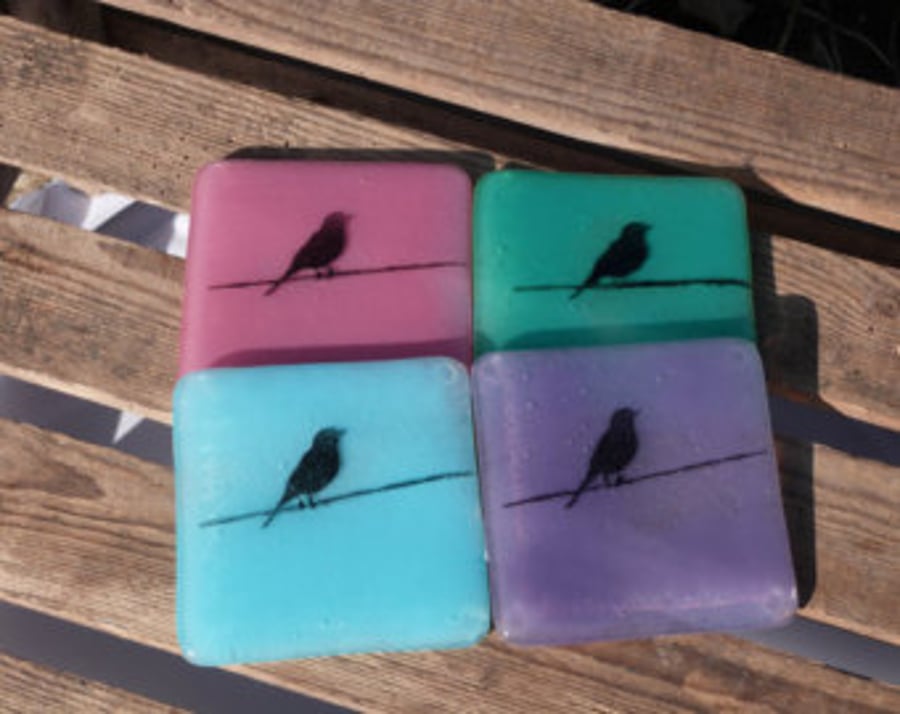 Fused Glass Bird on a wire Coasters, Glass Tile