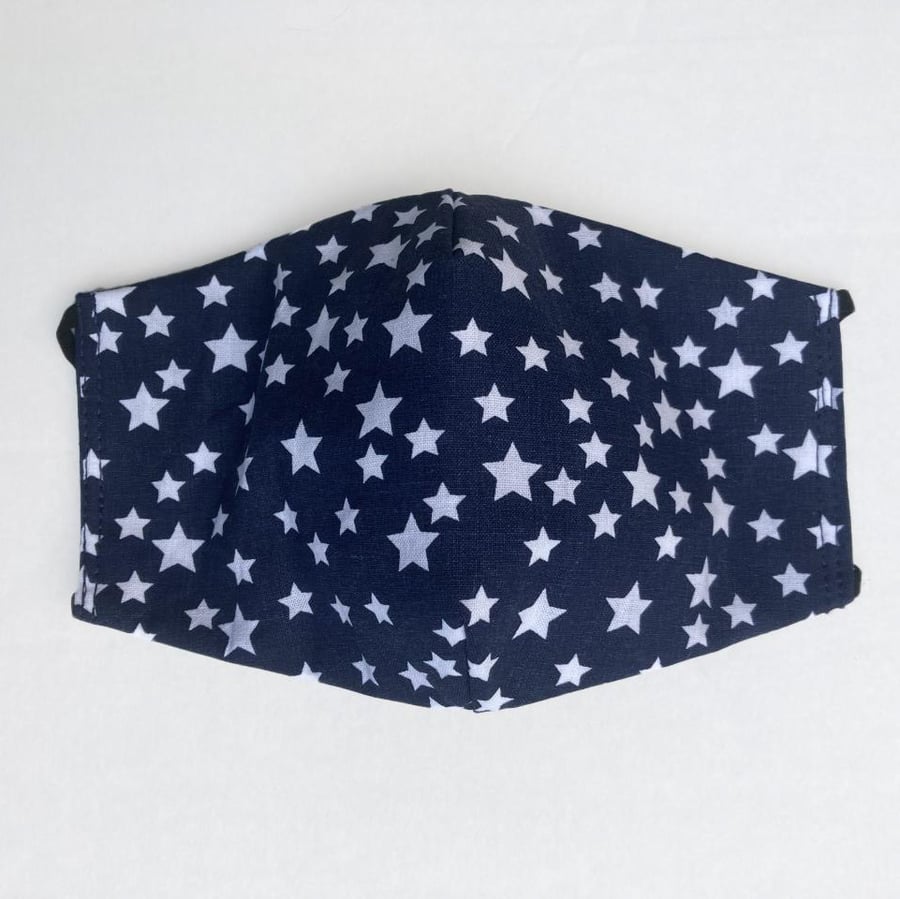 Navy with White Stars Face Mask. Triple layered. 100 % Cotton Fabric.