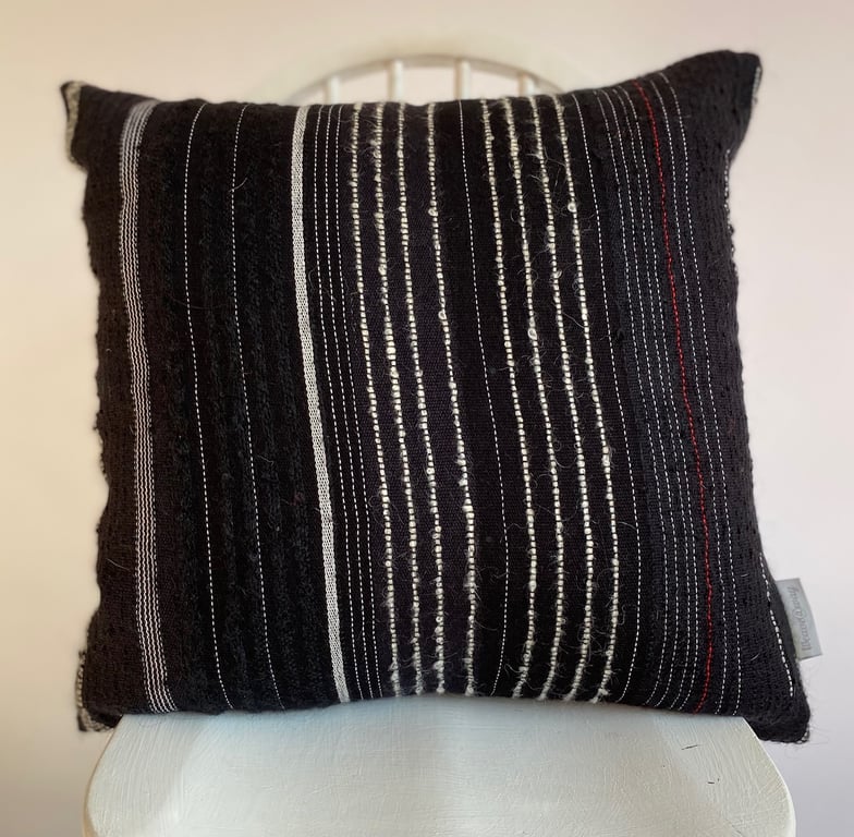 Hand woven cushion, crafted using wool, cotton & mohair yarns by Yvonne Skelton