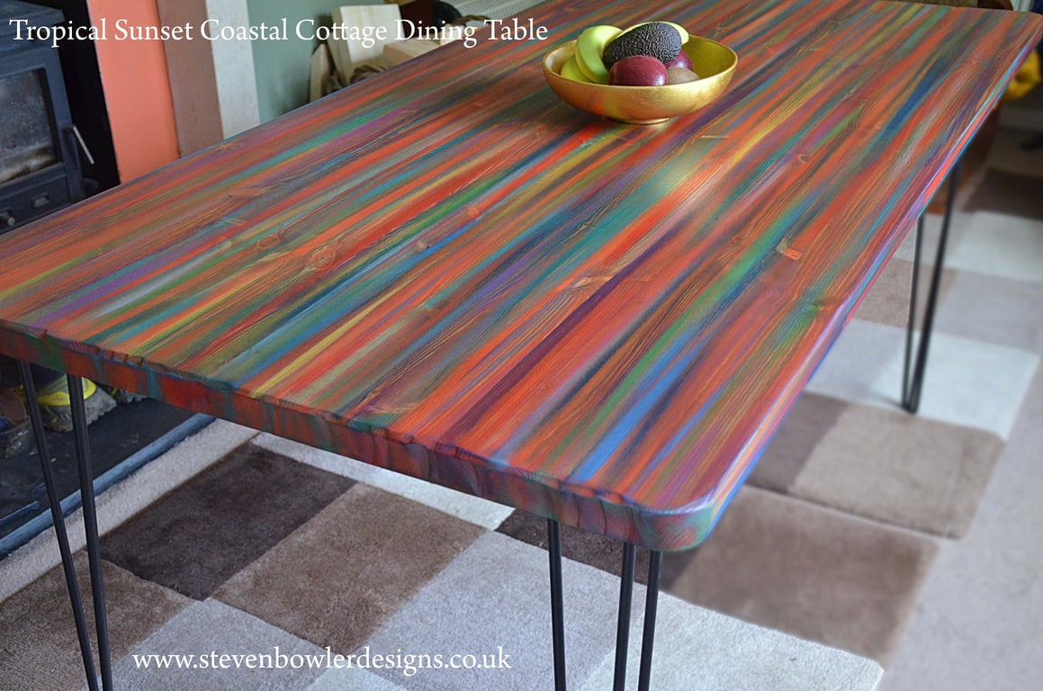 Tropical Sunset Coastal Dining Table with Black Metal Hairpin Legs