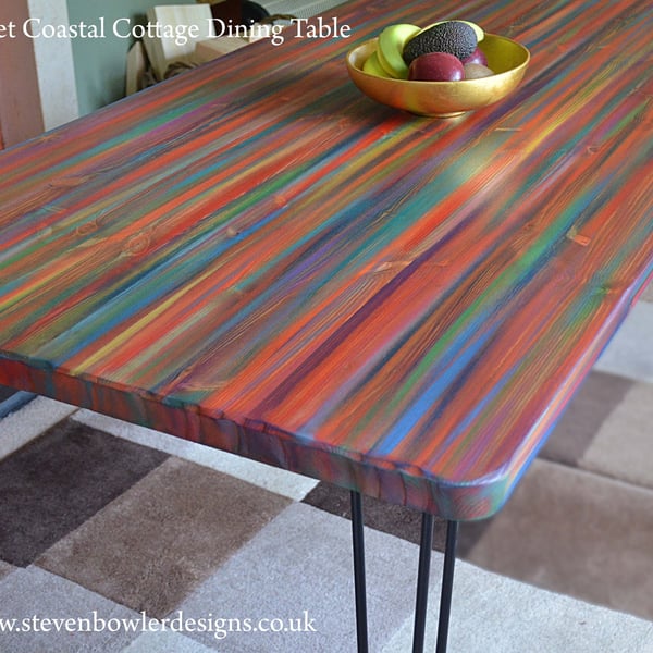 Tropical Sunset Coastal Dining Table with Black Metal Hairpin Legs