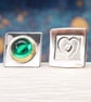 Handmade ear studs, asymmetrical with  a green Spinel stone and a heart shape.  - Image 2
