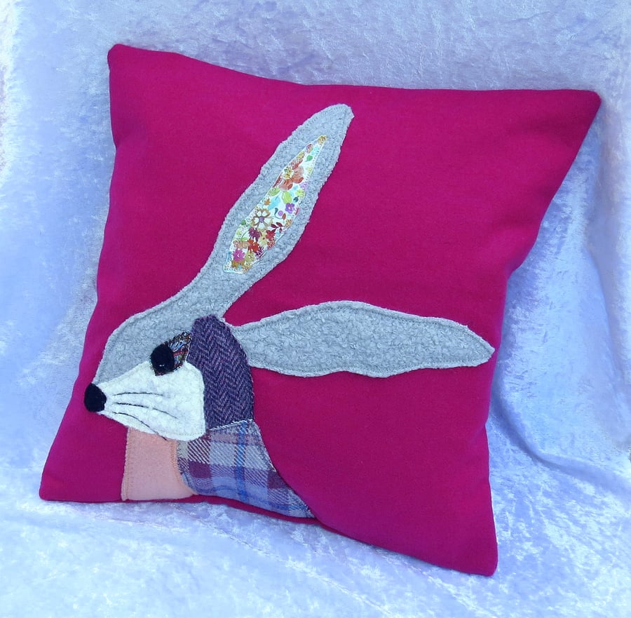 Hare Cushion, scrappy hare, applique cushion, with feather pad, 35cm