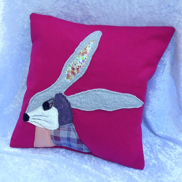 Hare Cushion, scrappy hare, applique cushion, with feather pad, 35cm