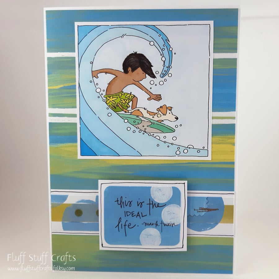 Any occasion or birthday card - surfing boy and dog