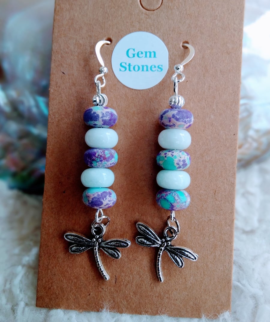 Morganite & Imperial Jasper gemstone hand-made Dragonfly EARRINGS