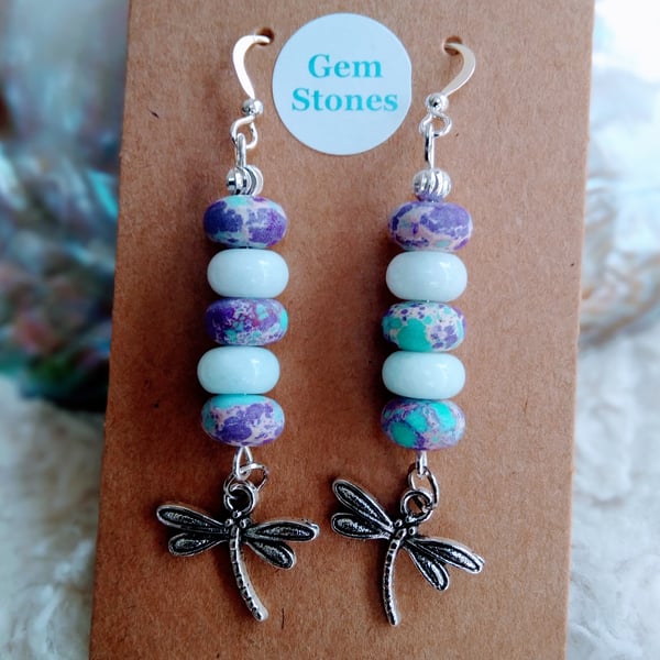 Morganite & Imperial Jasper gemstone hand-made Dragonfly EARRINGS