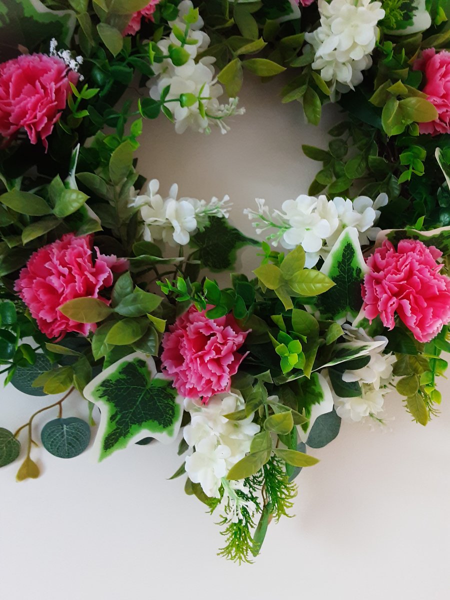 Julie. 40cm wreath. Pink,white and green. 