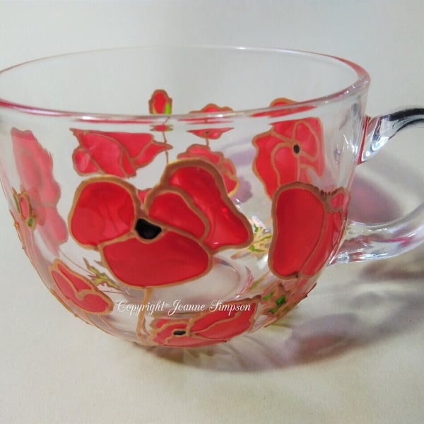 Poppy Fields, hand painted glass mug. Mother's day, Birthday. Mom gift. Mum gift