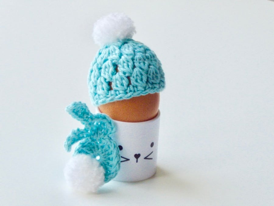 Egg cosy and bunny, turquoise egg cosy, crochet egg cosy with a rabbit