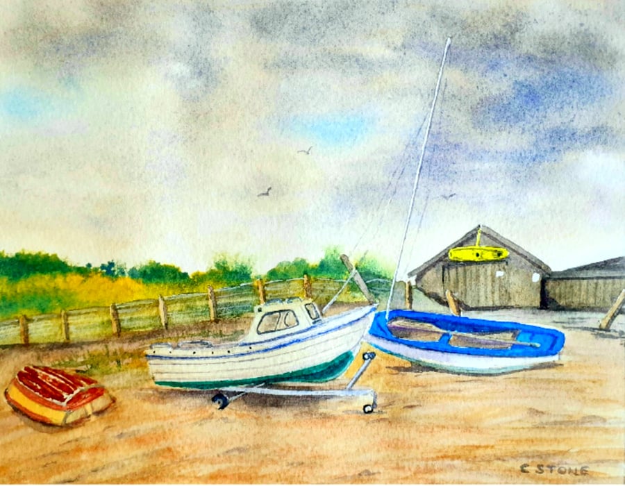 Small watercolour painting, Boats On A Cornish Beach 230 mm x 180 mm