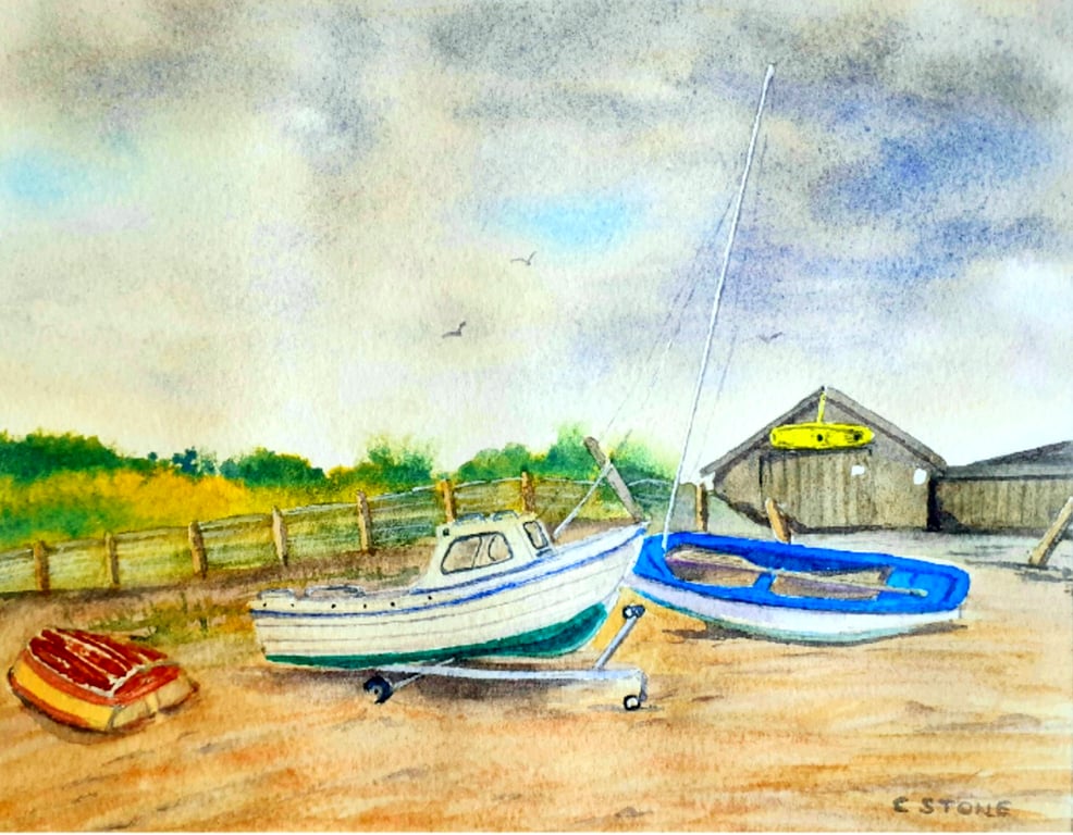 Boats On A Cornish Beach watercolour painting