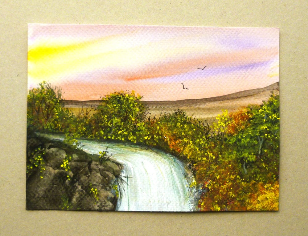 original art waterfall watercolour landscape painting ( ref FA8 B1 )