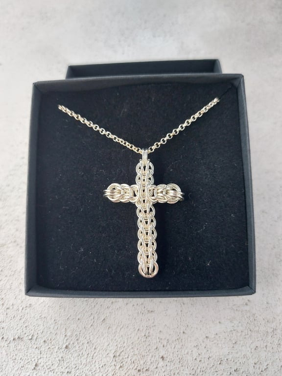 Sterling Silver Cross Pendant, Chainmaille Cross Necklace