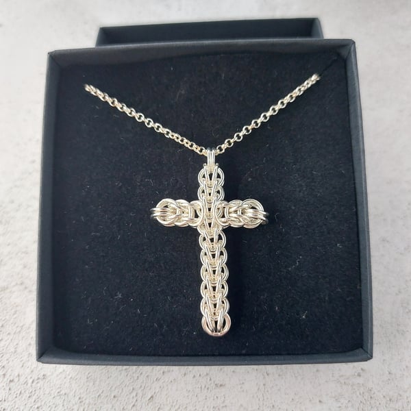 Sterling Silver Cross Pendant, Chainmaille Cross Necklace
