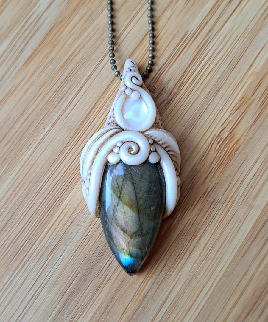 Labradorite with Pink Mother of Pearl and Polymer Clay Amulet Pendant 