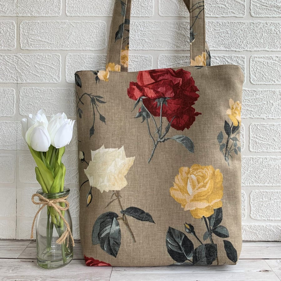 Roses floral tote bag with red, yellow and white roses