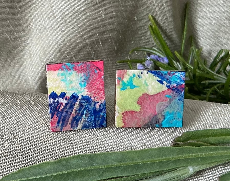 Colourful Abstract , Stainless Steel Post Earrings.