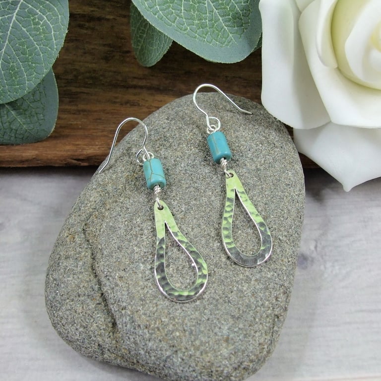 Earrings, Sterling Silver Teardrop and Turquoise Droppers