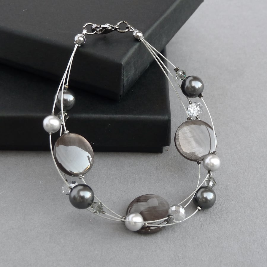 Dark Grey Multi-strand Bracelet - Black Pearl Three Strand Jewellery For Women