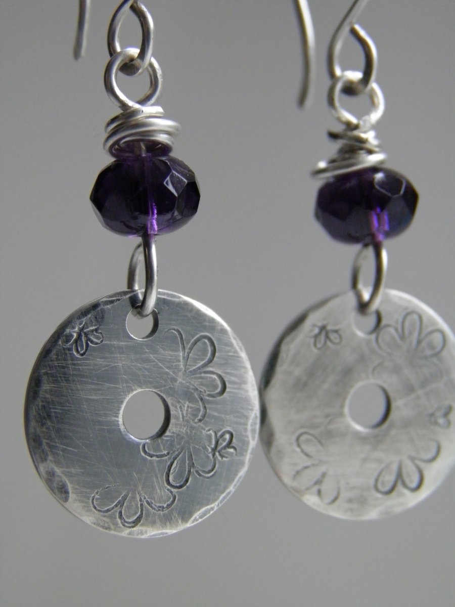 Sterling Silver Disc Purple Earrings