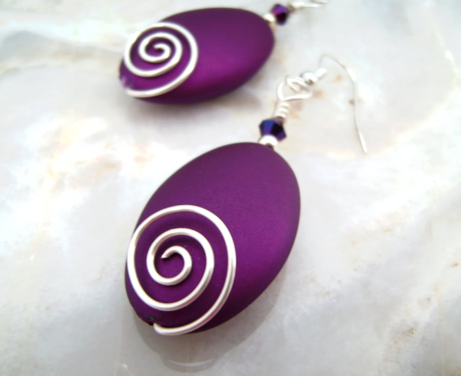 Silver plated Wire & Purple Acrylic Bead Earrings