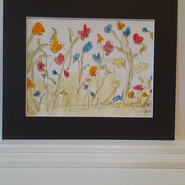 Original Pen & watercolour doodle  wild flowers in black mount HRN0018