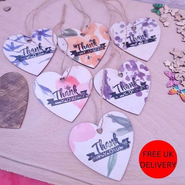 Hanging Flower Decoupaged Wooden Hearts (6 pieces) - FREE UK DELIVERY