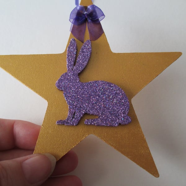 Bunny Rabbit Gold Star Hanging Decoration Purple Bow & Glitter Wood Wooden
