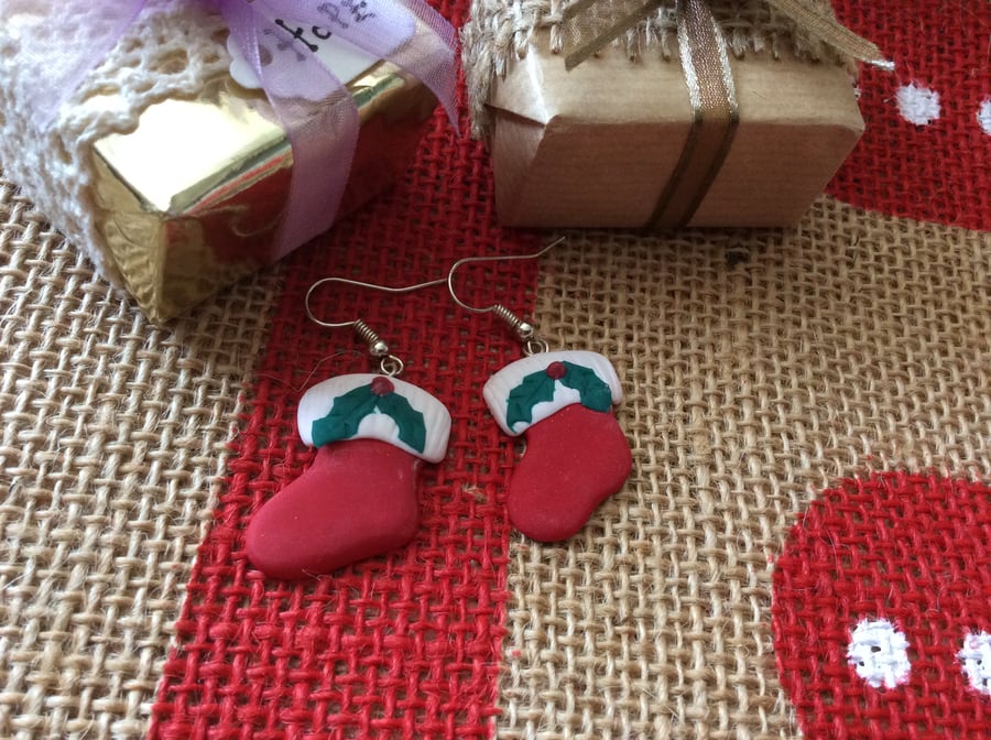 Christmas Stocking Novelty Fimo Earrings Matte