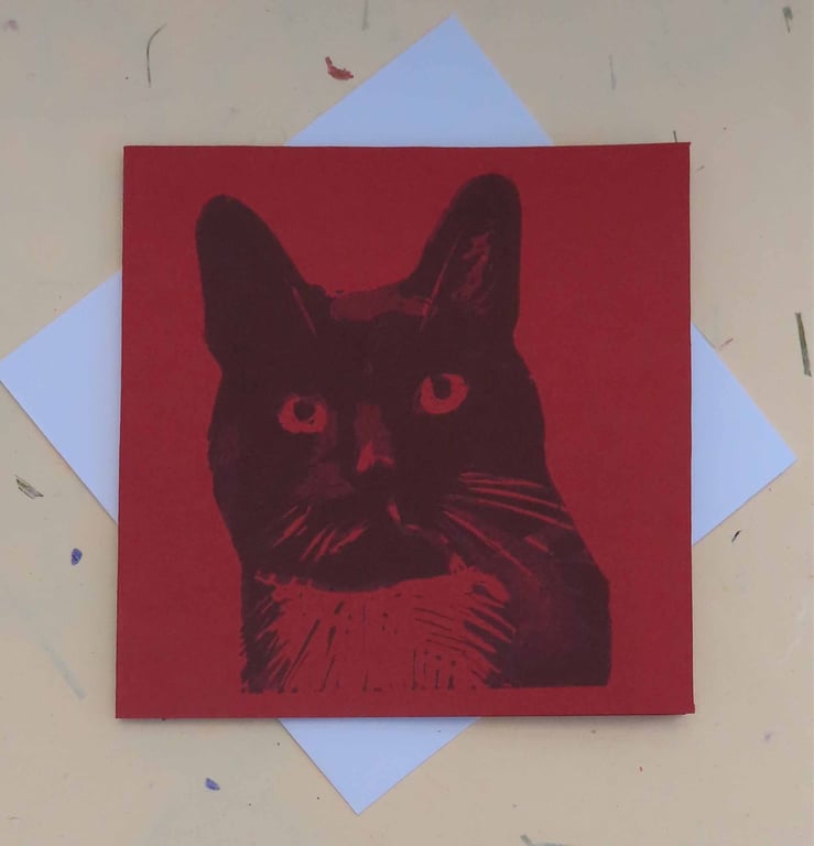 Black Cat Art Greeting Card From Original Lino Cut Print Red