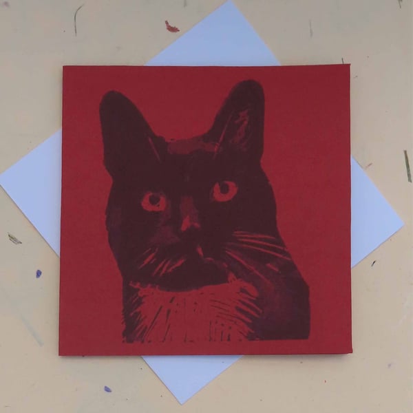 Black Cat Art Greeting Card From Original Lino Cut Print Red