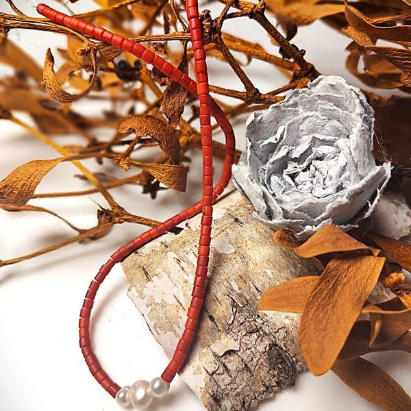 Handcrafted Coral and Pearl Necklace, 14k Gold-Filled or Sterling Silver