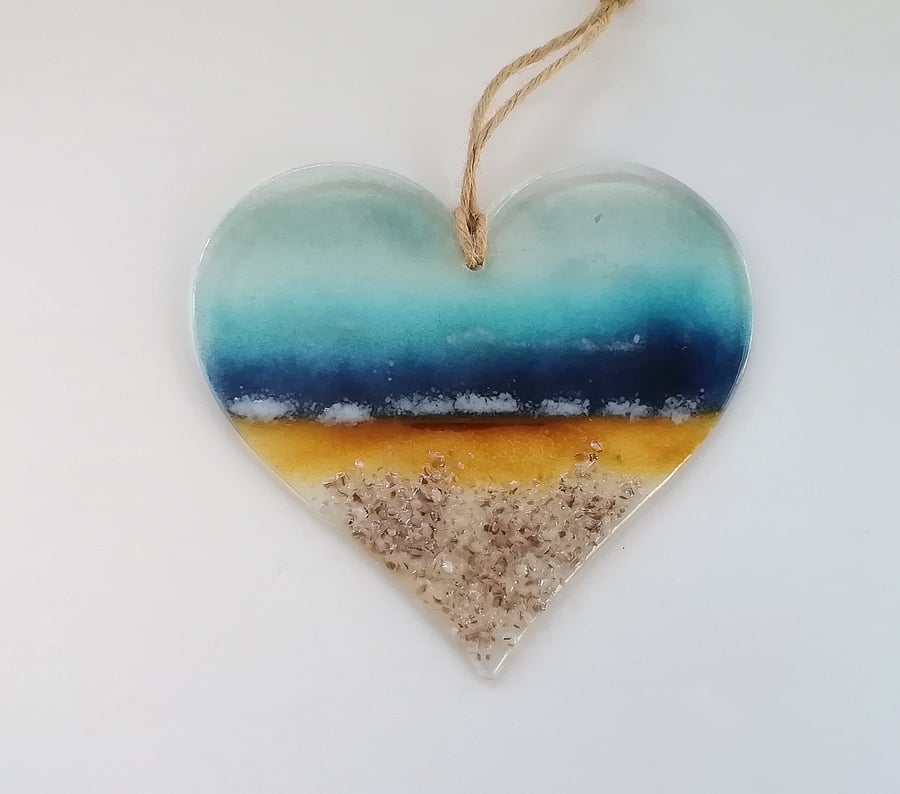 Coastal heart suncatcher, fused glass hanger. 