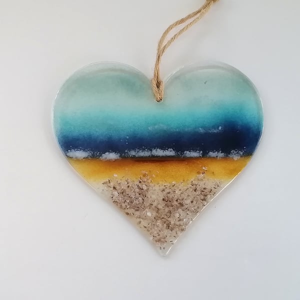 Coastal heart suncatcher, fused glass hanger. 