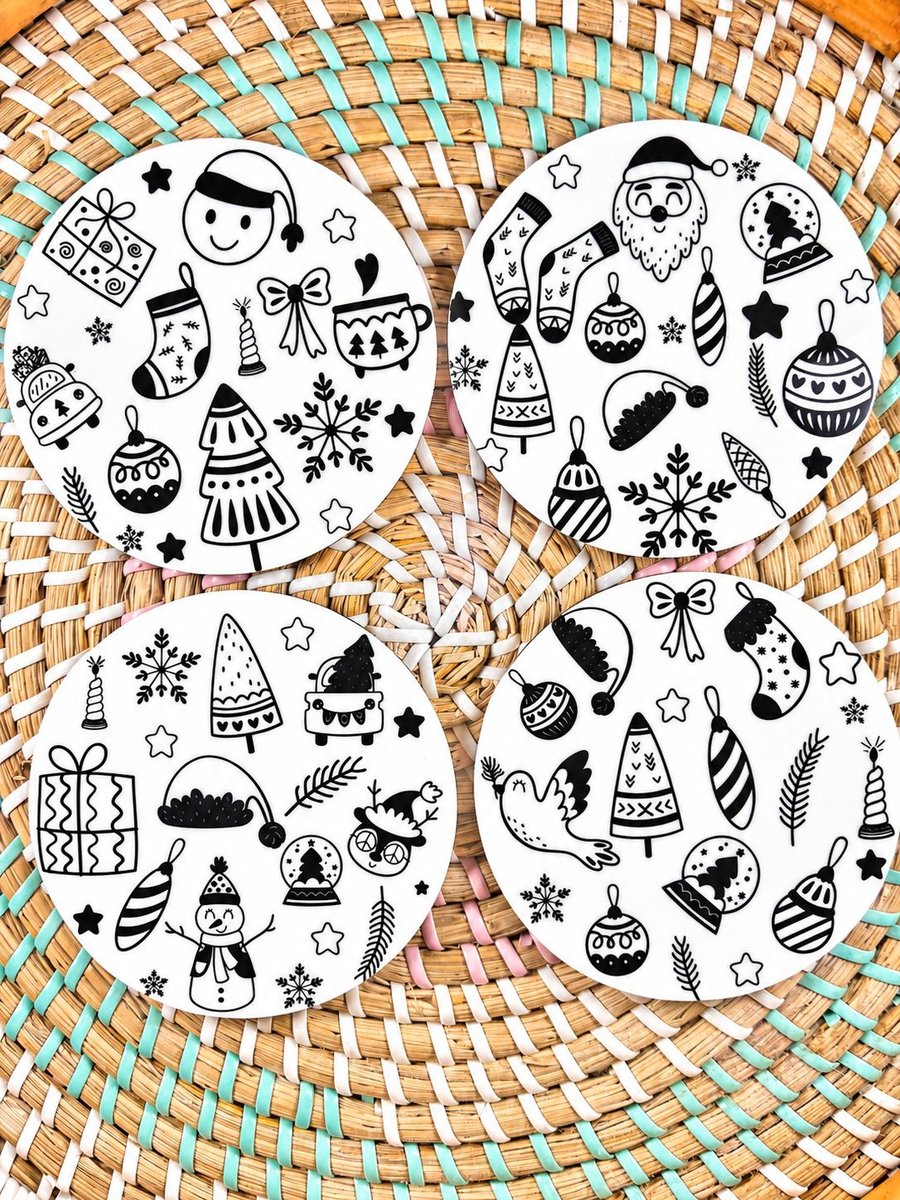 Black & White Christmas Coaster Set – Handmade Wooden Festive Coasters – 4 Piece