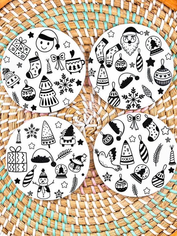 Black & White Christmas Coaster Set – Handmade Wooden Festive Coasters – 4 Piece