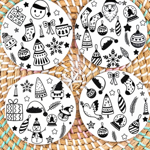 Black & White Christmas Coaster Set – Handmade Wooden Festive Coasters – 4 Piece