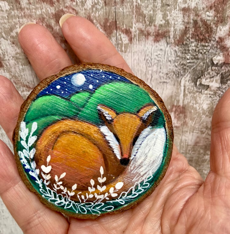 Sleepy Little Fox Under The Moon Hand Painted Wood Slice Fridge Magnet