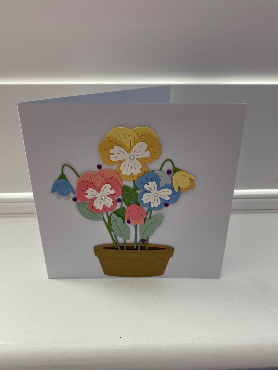 Pansy in a Plant Pot Handmade Die Cut Card