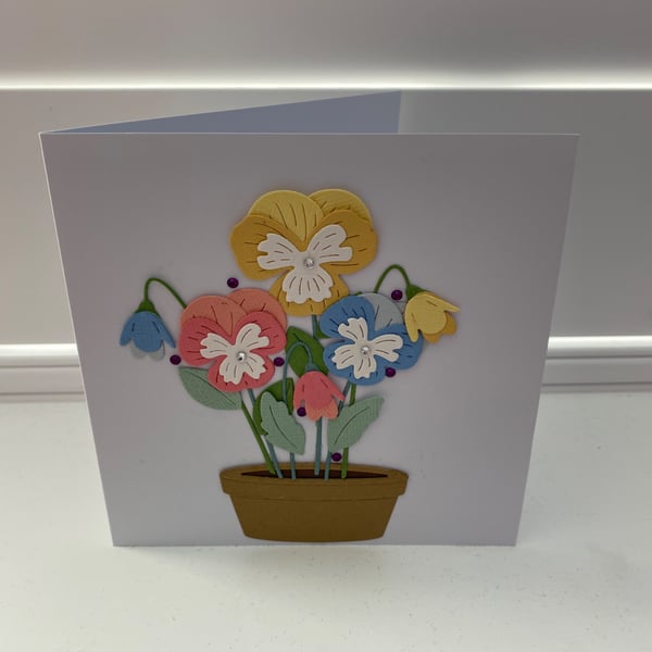 Pansy in a Plant Pot Handmade Die Cut Card