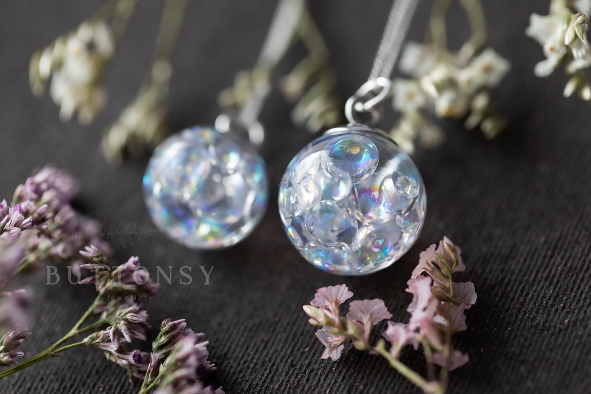 Rainbow Bubbles Globe Necklace - Iridescent Bubble Jewellery - Sterling Silver