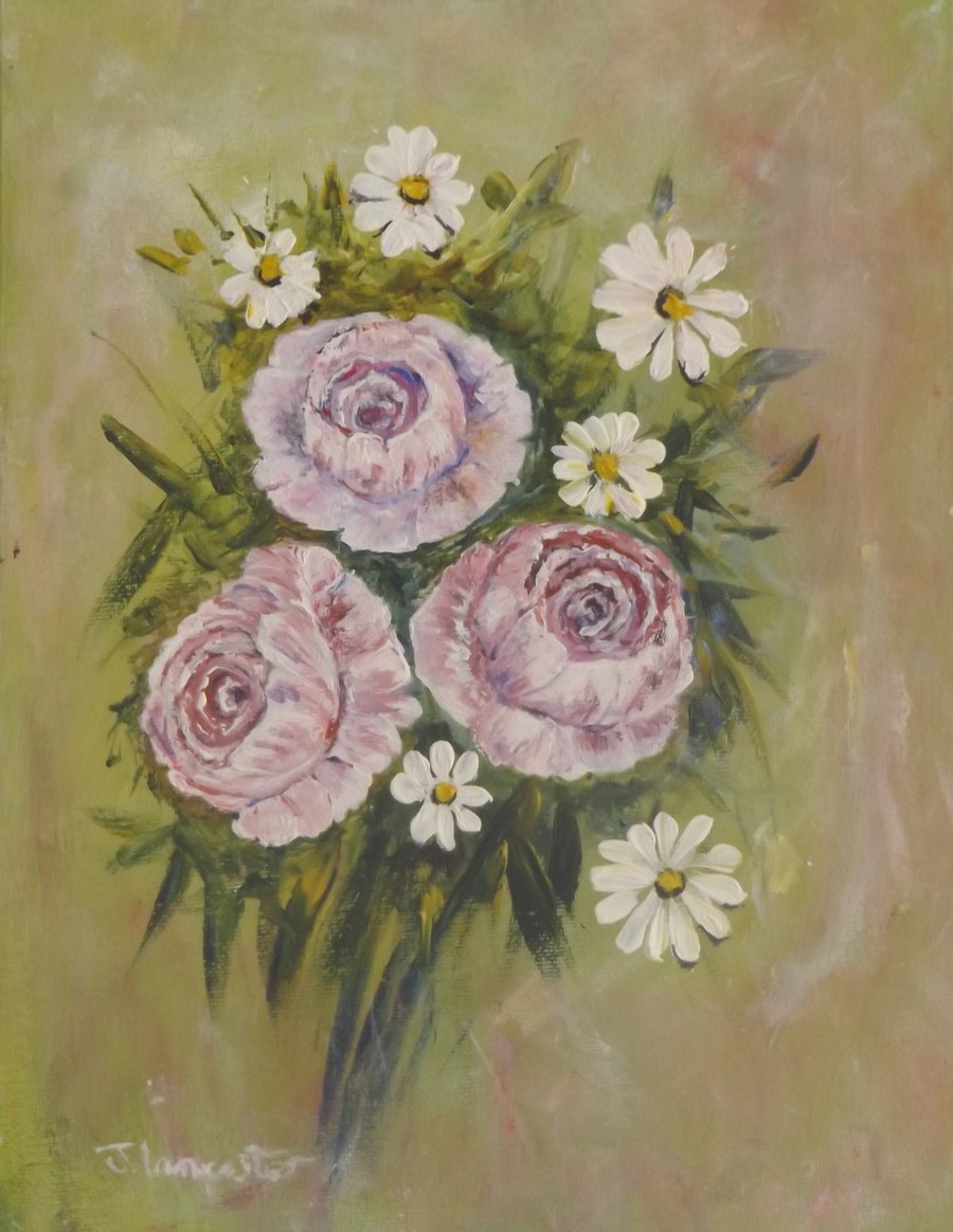 A small acrylic flower painting titled  Daisy's and Roses