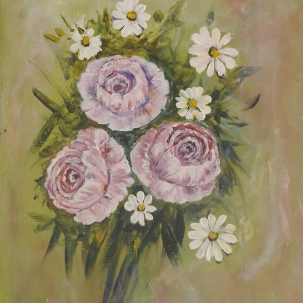 A small acrylic flower painting titled  Daisy's and Roses