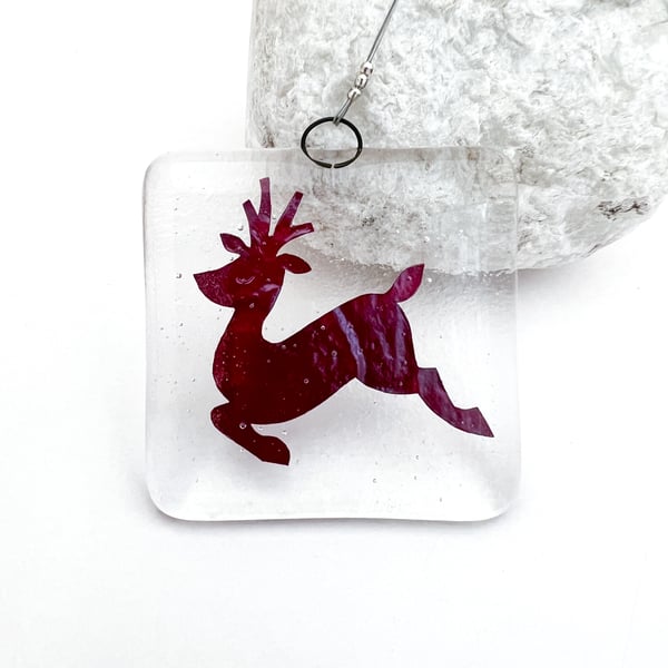 Fused Glass Copper Reindeer Hanging - Handmade Glass Christmas Decoration